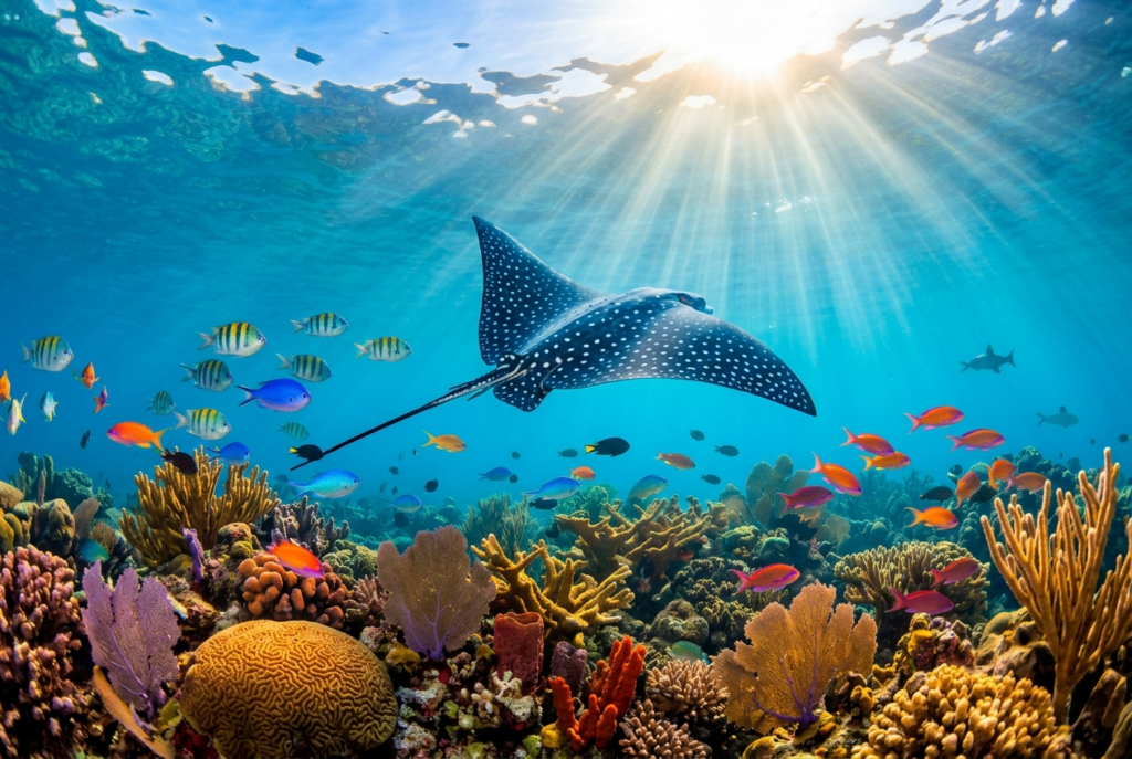 Spotted eagle ray gliding over a Caribbean coral reef