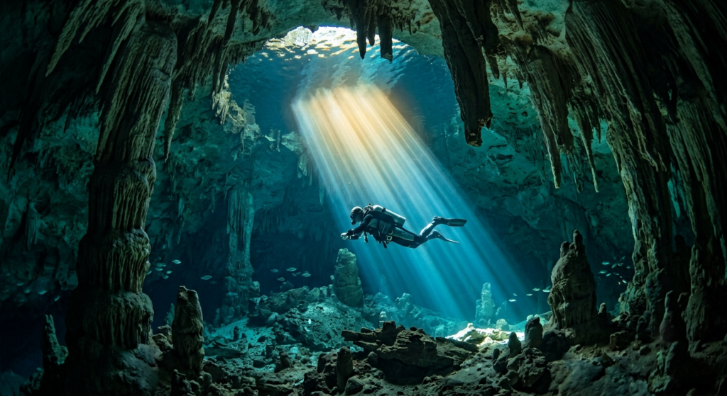 Jungle cenote opening with turquoise freshwater in the Riviera Maya