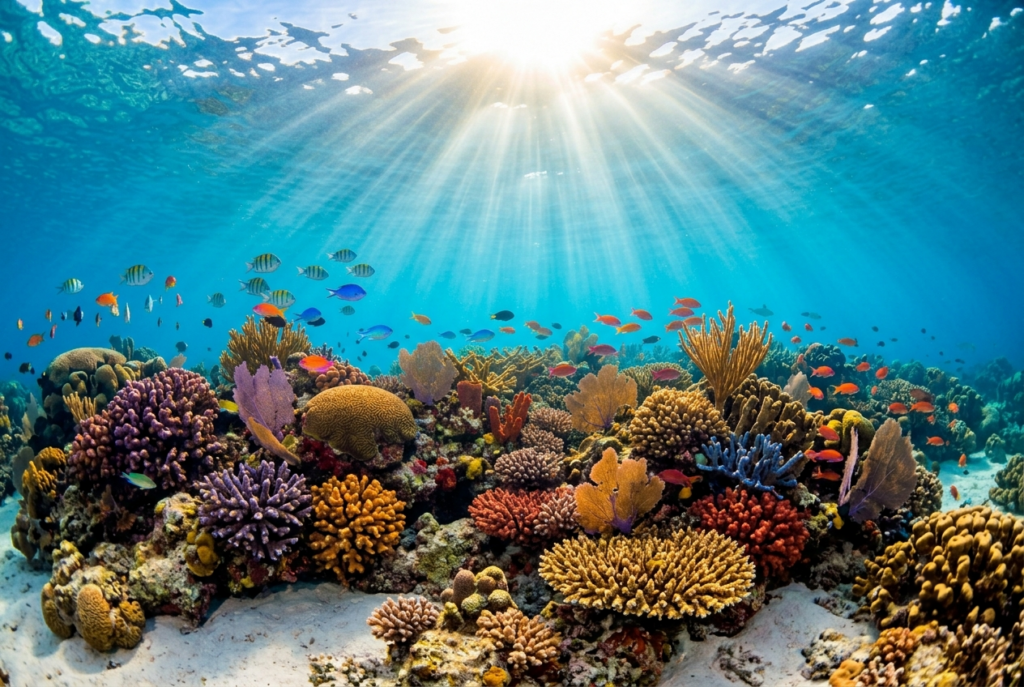 Healthy colorful coral reef with small fish in the Mexican Caribbean